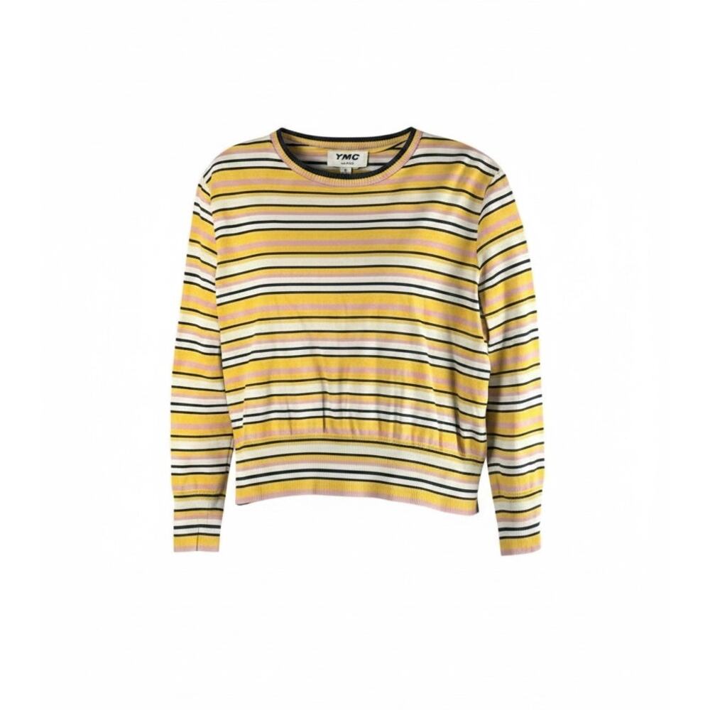 YMC London Mustard Striped Cotton Sweater Pink Navy Cropped Knit Top Small S